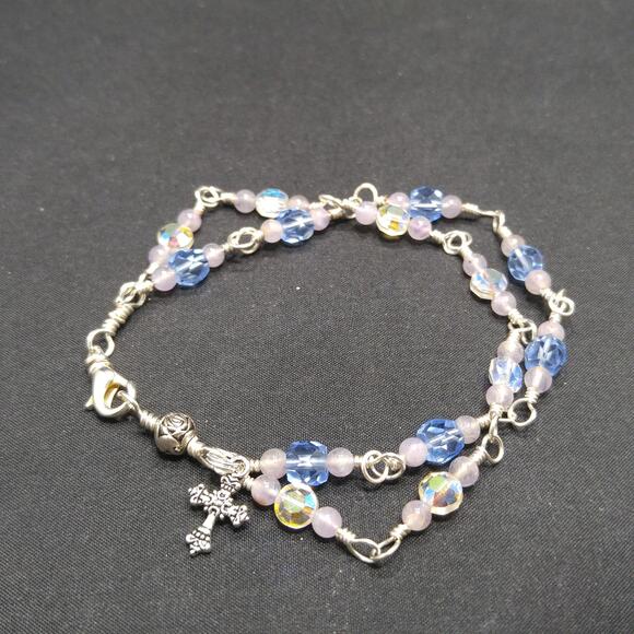 Handmade Wire Wrapped 2 Strand Bracelet, Cross Charm - Picture 3 of 10